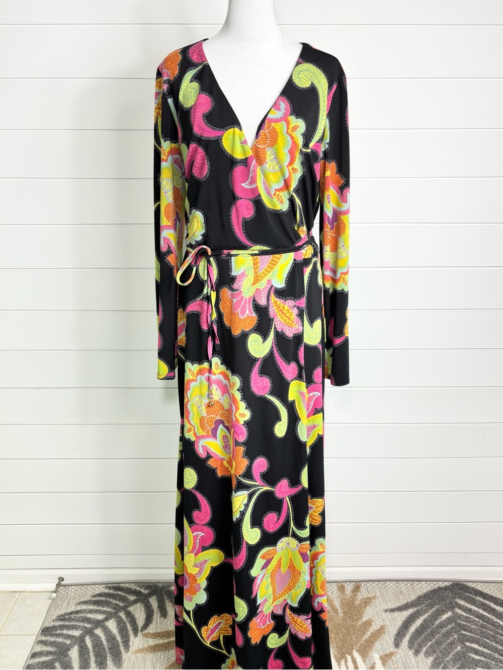 Trina Turk Black Maxi Wrap Dress with Pink, Lime & Orange Floral Print Size M